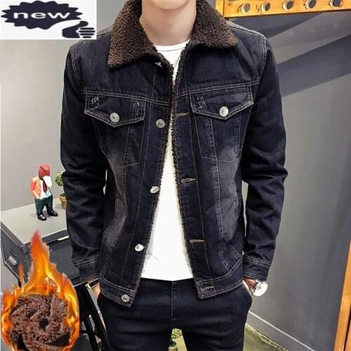 Brand Mens Lamb Fur Collar Warm Thick Denim Jackets Casual High Quality Slim Single Breasted Winter Coats Male Outwear Plus Size