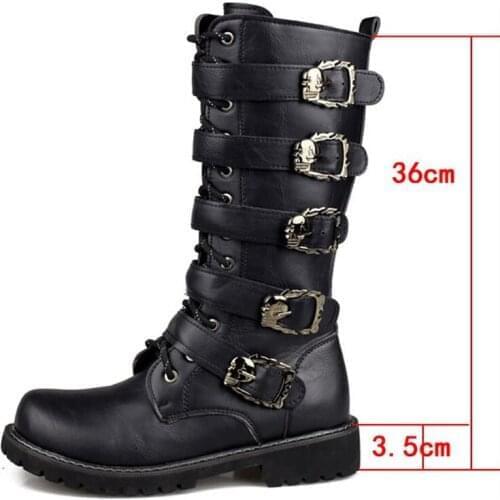 Mens Leather Motorcycle Boots Long riding boots Military Combat Boots Gothic Belt Punk Boots Men Shoes Tactical Army Boot