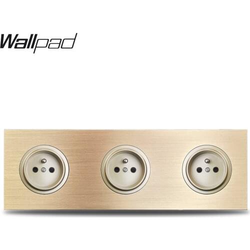 Wallpad L6 Gold Triple French Electric Power Outlet Wall Socket 3 Gang Gold Brushed Aluminum Metal Panel, 258*86mm