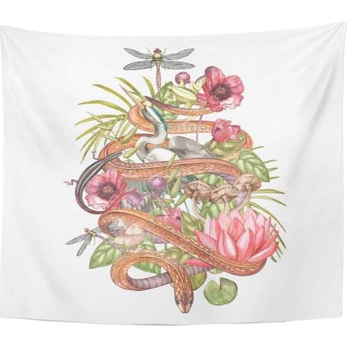 Autumn Brown of Watercolor Botanical Swamp with Snake Movie Fabrics and Tattoo Green Bug Butterfly Home Decor Tapestry Wall Hang