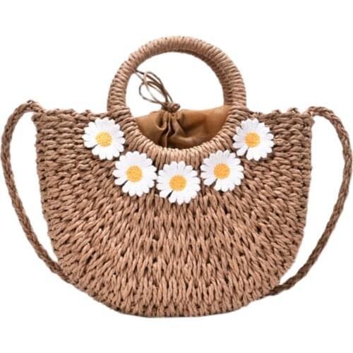 Handmade Half-Round Rattan Woven Straw Crossbody Bag Summer Women Messenger Purse Bags Girls Daisy Flower Beach Small Handbag