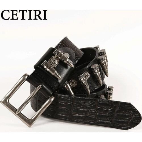 CETIRI Unisex Punk Bullet Decoration Belt Top Quality Genuine Leather Belts Crocodile Pattern First Layer Cowhide Waist Belt