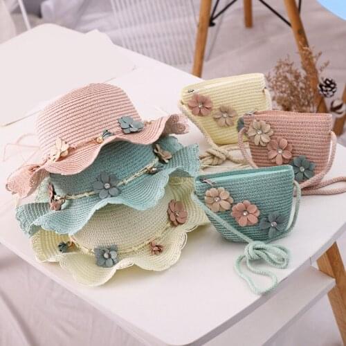 New Summer Girl Child Straw Hat+ Handbag 2 PC Set Sweet Cute Flower Sun Hat Panama Gorros Kids Girl Sun Protection Beach Hat