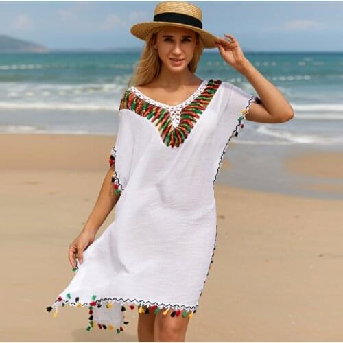 Beach Dresses And Tunics 2021 Summer Sexy White Short Sleeve Loose Crochet Knitted Beachwear Cover Ups For Swimwear Women