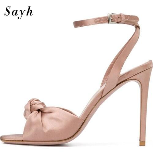 Summer Size Women Runway High Heel Pumps Peep Toe Silk Satin Stilettos Sandals Ankle Strap Bowknot Party Gladiator Dress Shoes