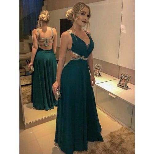 Womens Sexy Long V-Neck Beaded Prom Dresses with Pockets A-Line Criss Cross Back Custom Formal Party Dress Robe Soiree Femme