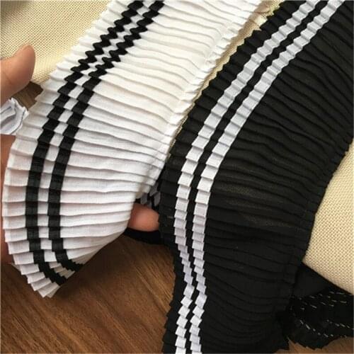 1 Meter Black White Striped Pleated Lace Fabric Chiffon Ruffled Lace Trim DIY Handmade Sewing Craft 8.5cm Wide