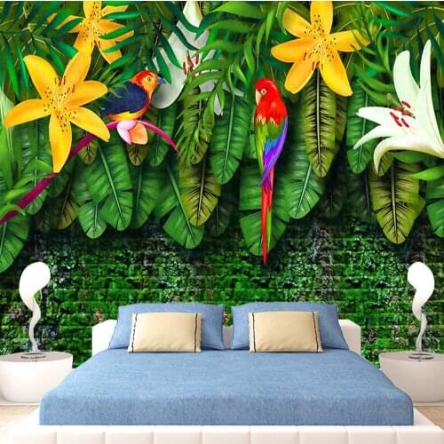 3D HD Hand Painting European Tropical Rain Forest Flower Bird Leaves Southeast Asia Mural Photo Wallpaper for Living Room Mural