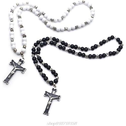 Rosary Necklace Jesus Christ Cross Pendant Necklaces Alloy Bead Long Chain Unisex Christian Fashion Jewelry F23 21 Dropship