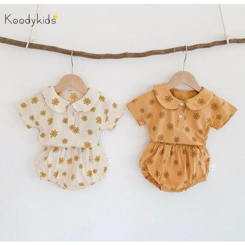 Koodykids 2021 Summer Baby Girl Clothes Set 2pcs Toddler Soft Cotton Floral Clothing Shirt Pants Vintage Clothes Cute Shirt