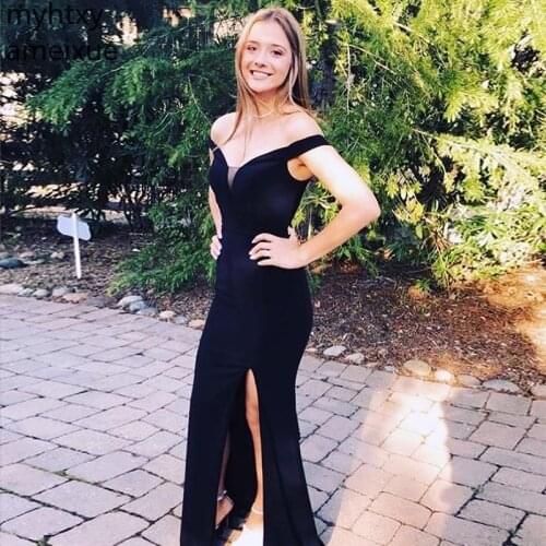 Shoulder Long Plus Sizeprom Dresses Boat Neck Mermaid Style Black Satin Simple Women Formal Party Dress Front Split Occasion