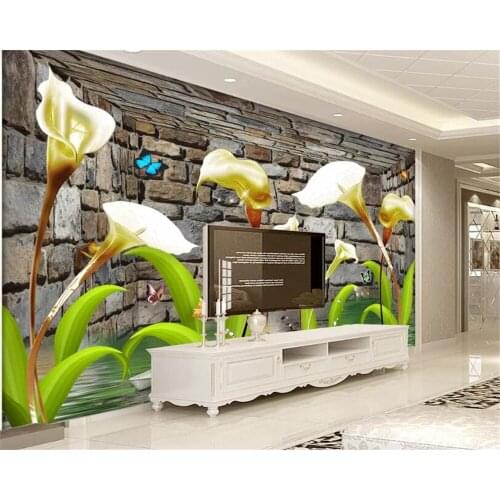 Beibehang Photo wallpaper Calla lily flower butterfly goldfish Brick wall stereo TV background wall painting 3d wallpaper mural