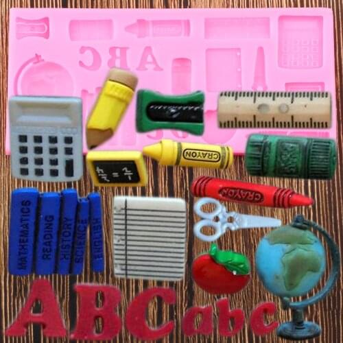 Globe Study School Bag Book Scissor Drawing Pen Silicone Molds Fondant Cake Decorating Tools DIY Candy Chocolate Gumpaste Mould