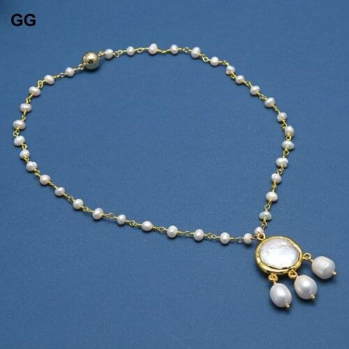 GuaiGuai Jewelry Natural Freshwater Cultured White Pearl Rosary Chain Necklace White Coin pearl Pendant 18" For Women