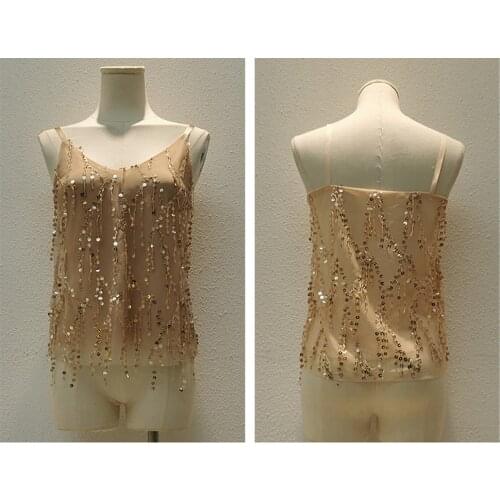 H80&S90 Women New Tops Sexy Versatile Slim V-Neck Sparking Sequin Bead Sling Chiffon Stretcfh Casual Camisole Pullover Blouse