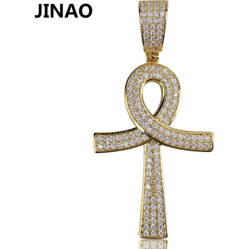 JINAO Hip Hop New Lucky Ankh Cross Pendant Necklace Gold Silver Color Plated Iced Out CZ Stone Men Gold Chain Jewelry Gift