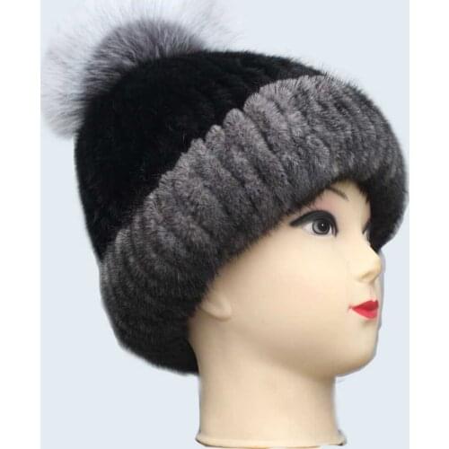 Linhaoshengyue Thicken Warm Fashion Real Fur Mink and Real Fox Hat with Fox Ball Women Cap