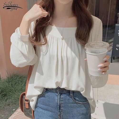 2021 Autumn New Long Sleeve Loose Shirt Women Chiffon Shirt Apricot Blouse Women Tops Square Collar Blouses Clothes Blusas 11696
