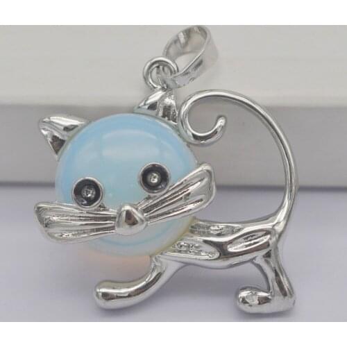 Opal Stone GEM Pendant Lovely Cat Animal Jewelry For Gift S3241