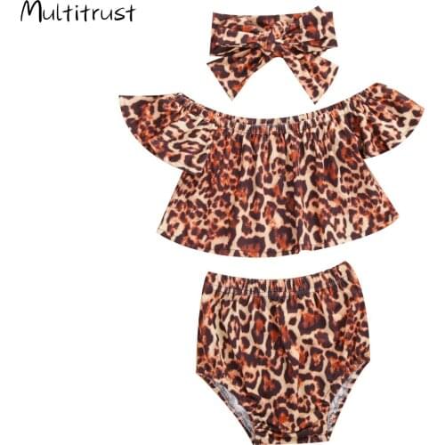 1-4Y Toddler Baby Girl Leopard print Off Shoulder Top +Shorts+Headband Outfit Clothes 2020 Summer Cute Baby Clothes
