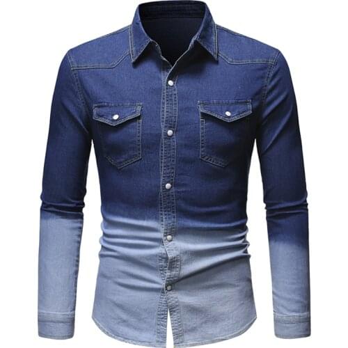 Spring Mens Shirts Patchwork Long Sleeve Denim Shirt Men Casual Lapel Single Breasted Fashion Mens Denim Shirt Tooling Tops