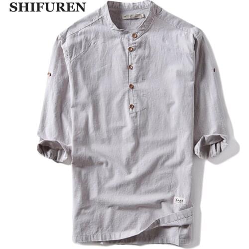 SHIFUREN Summer 2018 Men Cotton Linen Shirts Half Sleeve Mandarin Collar Breathable Causal Male Shirts Tops Plus Size M-3XL