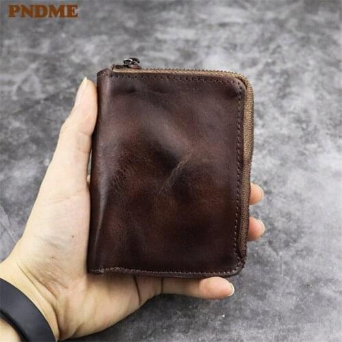 PNDME vintage high quality soft genuine leather coin purse first layer cowhide zipper luxury small credit card holder wallet