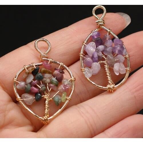 Reiki Healing Tourmaline Pendant Natural Gravel Beads Gold Color Wire Wrap Tree of Life Crystal Charms for DIY Necklace Jewelry