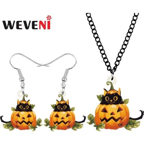 WEVENI Acrylic Halloween Cat Pumpkin Head Jewelry Sets Cute Kitten Animal Earrings Necklace For Women Girls Teen Classic Gift