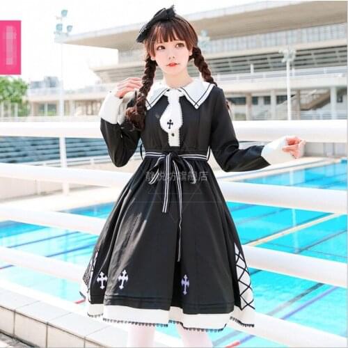 Japanese Vintage Gothic Embroidered Dress Sweet Navy Vintage Sailor Collar Kawaii Girl Lolita Cos Loli Dress Vestidos