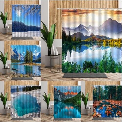 Natural Landscape Bath Shower Curtains Green Plant Forest Blue Lake Scenery Hanging Cloth With Hooks Home Decor Bathroom Curtain