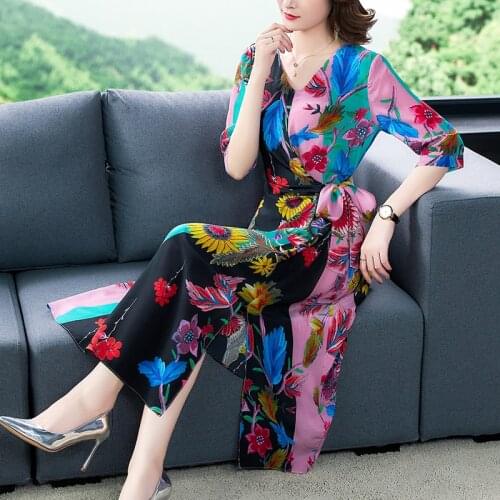 2021 Korea Floral Mulberry Silk Beach V-Neck Midi Dress Summer Vintage Boho 4XL Plus Size Sundress Elegant Bodycon Party Vestido