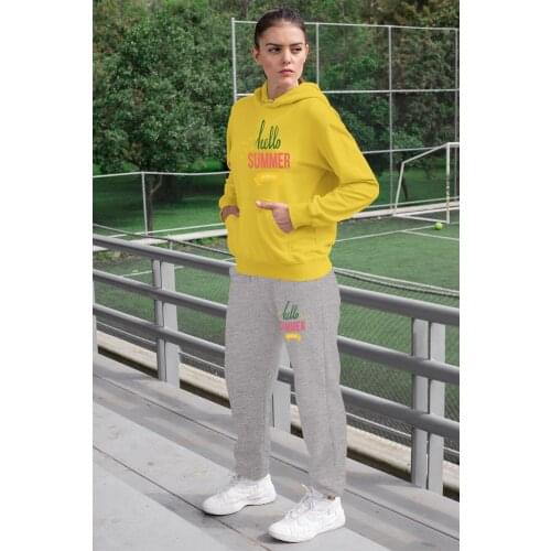 Angemiel Wear Hello Summer Women Tracksuit Set Yellow Hooded Sweatshirts Gray Sweatpants