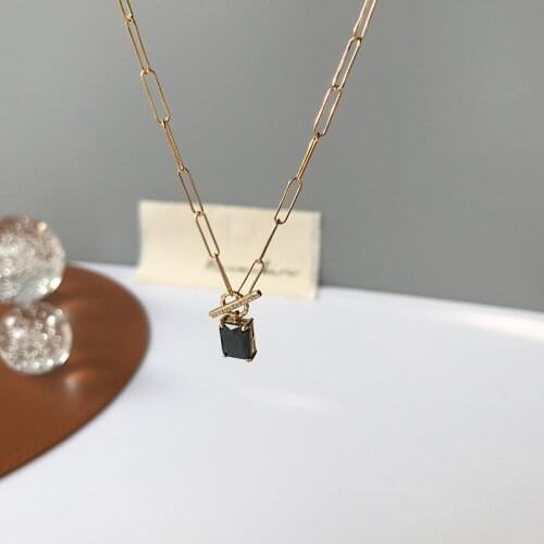 Silvology 925 Sterling Silver Black Zircon Square Pendant Necklace for Women O T Wide Chain Temperament Necklace Luxury Jewelry