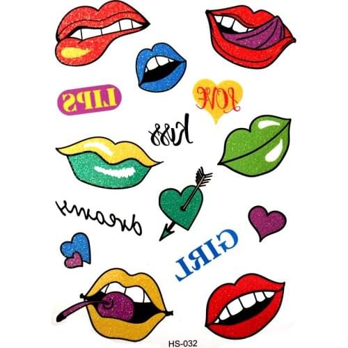 3pcs Flash Cute Lips Waterproof Temporary Tattoos Men harajuku Flash Gold Powder Tattoo tatuajes temporales Sleeve tatoo