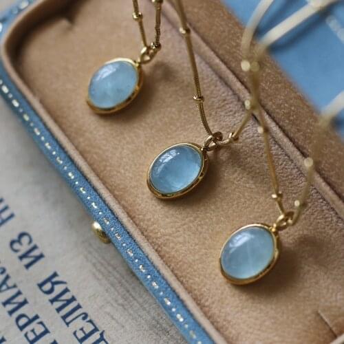 Amaiyllis 18K Gold Natural Stone Clavicle Chain Necklaces Blue Ellipse Aquamarine Necklace Pendants For Female Jewelry Gift