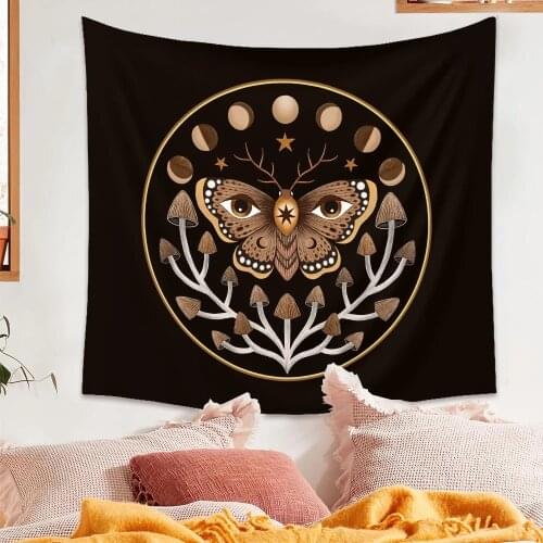 Butterfly Flower Plant Tapestry Wall Hanging Black Background Cloth Moon Sun Tapestry Bee Boho For Farmhouse Decoration Wall