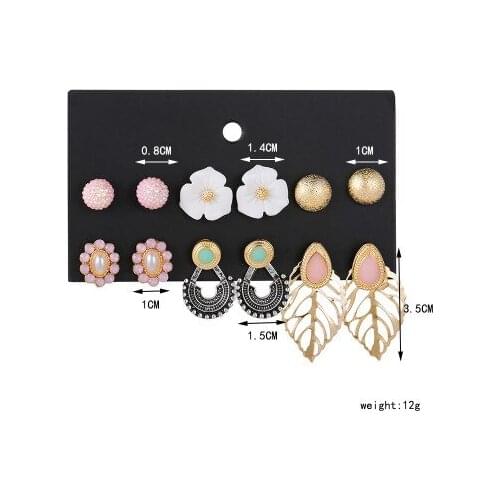 6/12 Pair Of Korean Bohemian Lady Alloy Pearl Flower Ear Studs Set Geometric Retro Ethnic Style Earrings Party Jewelry Gift