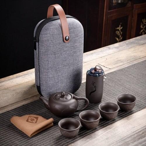 Purple Clay Kung Fu Teapot 230ml Chinese Porcelain Yixing Zisha Tea Pot 4 Cups Kung Fu Travel Tea Cup Handmade Tea Pot Cup Set