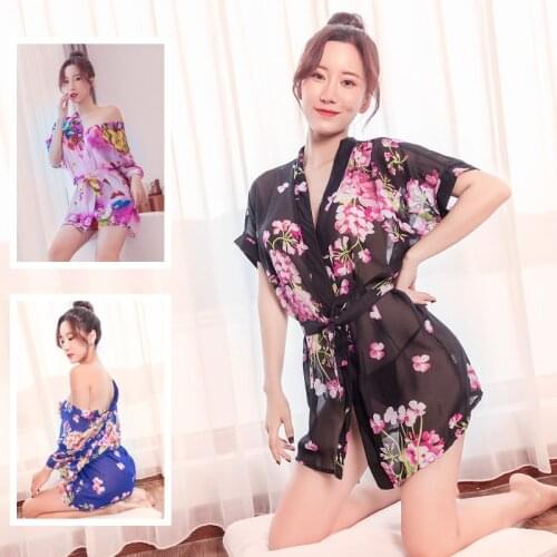 Black Floral Print Chiffon Bathrobes Kimono Uniform Temptation Sexy Lingerie