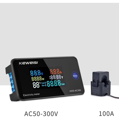 AC 6in1 220V 110V 50V~300V 100A Digital Ampermeter Power Energy Voltmeter Ammeter Volt Watt Kwh temperature Meter Time Split CT
