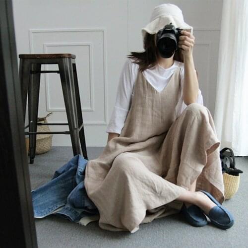 Cotton Linen Summer Korean Wide leg Strap Jumpsuit Plus Size Suspenders Leisure Overalls Nine Point Loose One Piece Outfit