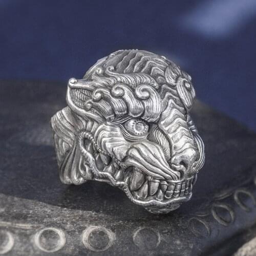Solid 999 Sterling Silver Thai retro biker MENS men handmade tiger animal ring rings jewelry gift A4774
