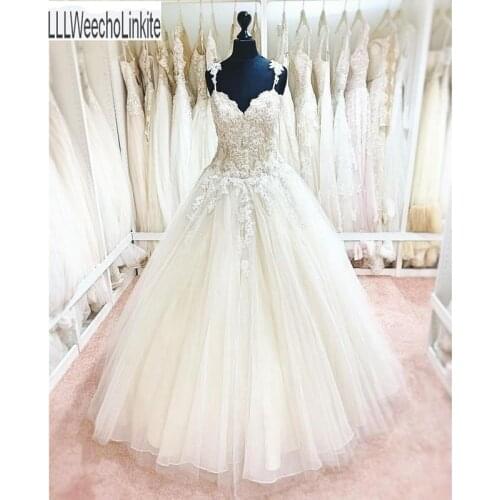Champagne Tulle Ivory Lace Sweetheart A-Line Wedding Dresses Chapel Train Princess Bridal Gowns Custom Made