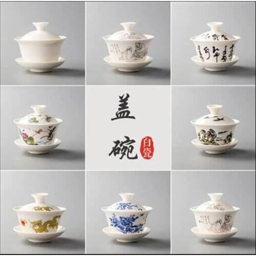 Cover bowl Tea cup Tea set Ceramic White porcelain Jingdezhen Blue and white porcelain tea bowl Sancai bowl Hand-pull pot