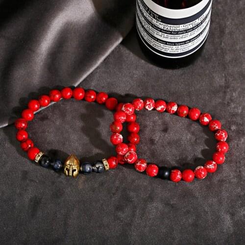 Fashion Red Agate 2Pcs/Set Beads Men Bracelet Spartan Micro-Inlaid Zircon Helmet Bracelet Elastic Couple Bracelet Gift