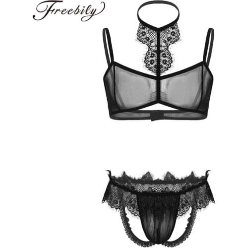 Mens Lingerie Bra Set Lace Bra Top with Open Butt Jockstrap Briefs Sissy Panties Underwear See Through Sexy Babydoll Sleepwear