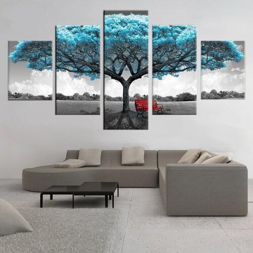 Living Room Wall Art Pictures HD Printed Home Decor 5 Panel Blue Big Tree Red Chair Modern Painting On Canvas Poster Framework