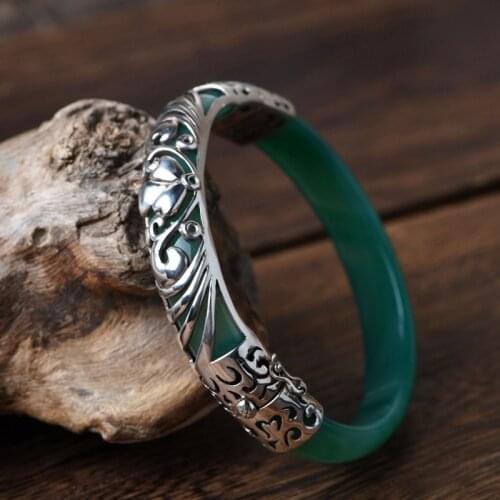 BOCAI New Solid 100% S925 silver jewelry vintage engraving, peony flower opening bracelet Fashion green agate woman bracelet