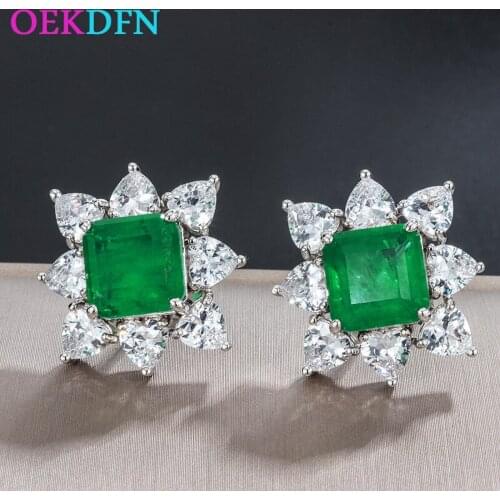 OEKDFN 100% 925 Sterling Silver Stud Earrings Created Moissanite Big Emerald Gemstone Flower Party Ear Studs Jewelry Wholesale